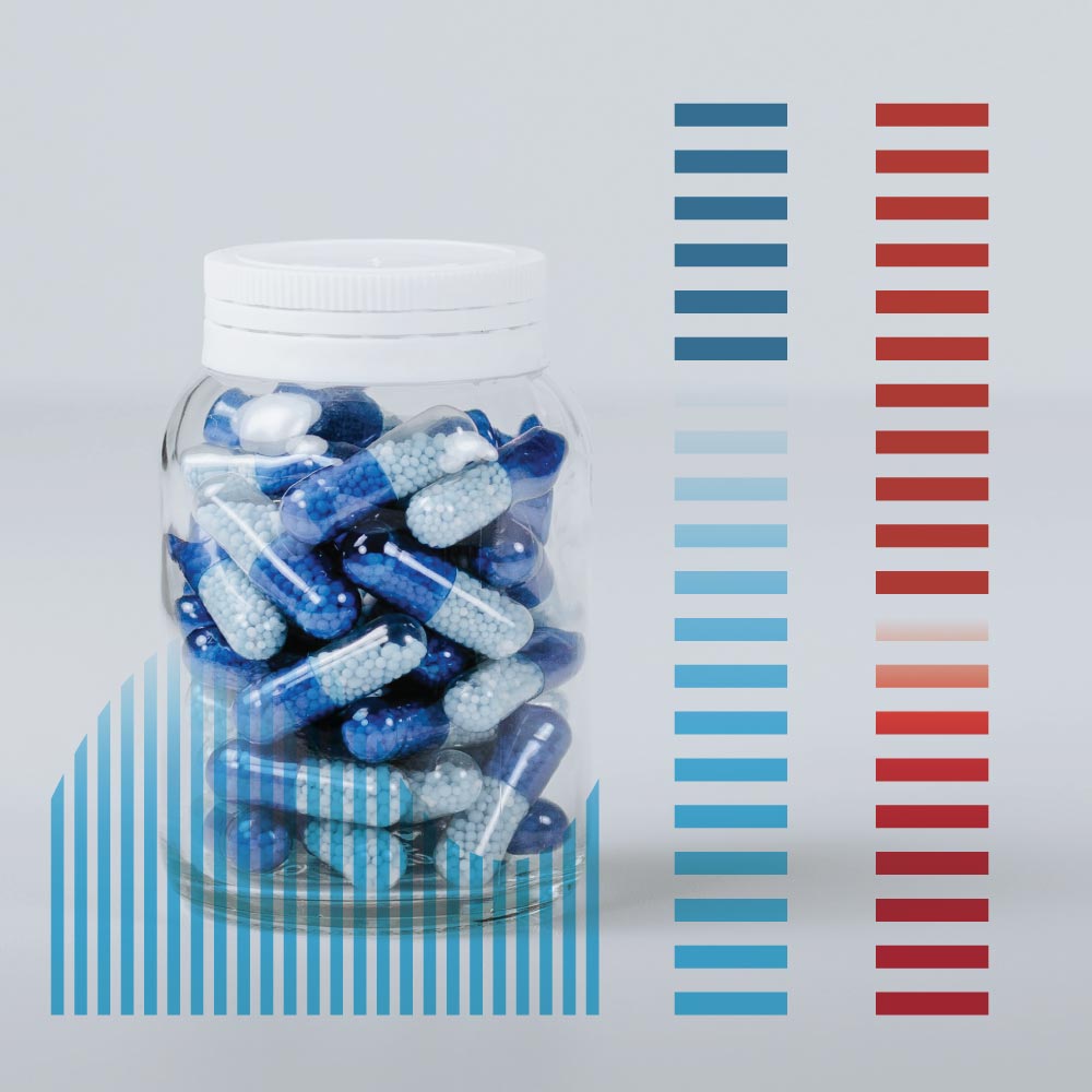 Pill bottle with overlaid graphs and charts